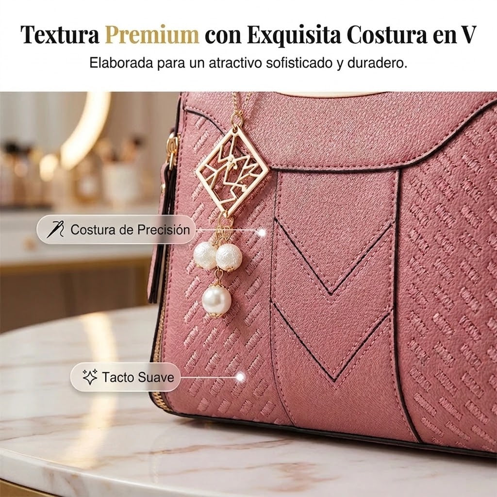 Heidi | Bolso de mano para mujer con costura en V – herrajes dorados, múltiples compartimentos y asa de mano