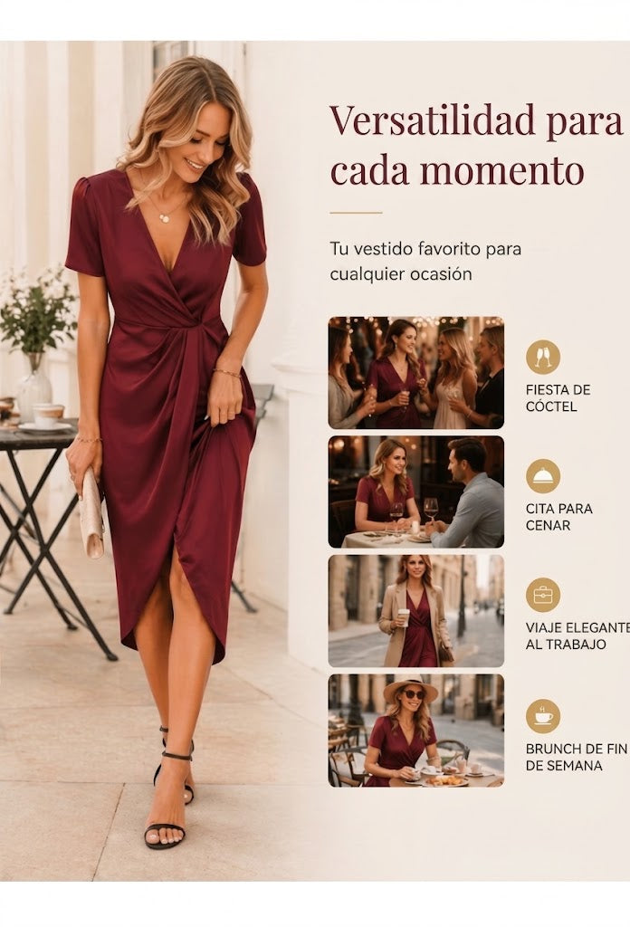 Herminia | Vestido cruzado asimétrico para mujer, con mangas cortas y escote en V.