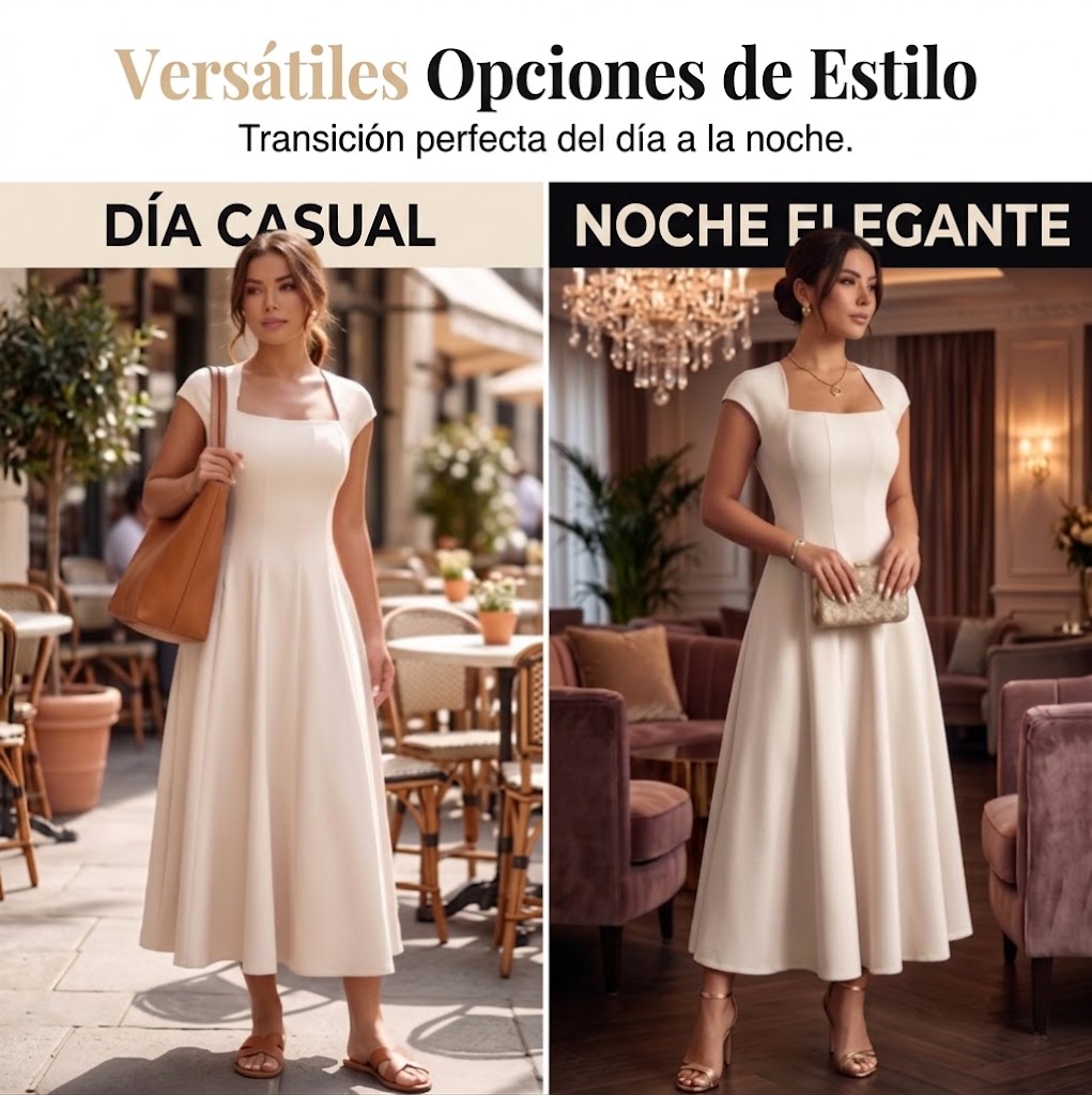 Almudena | Elegante vestido de línea A para mujer, con escote cuadrado, corte entallado y largo.
