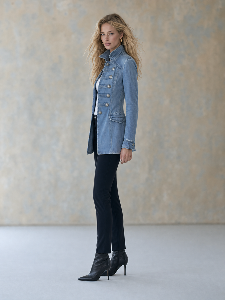 Lucía | Abrigo vaquero azul de estilo militar con doble botonadura