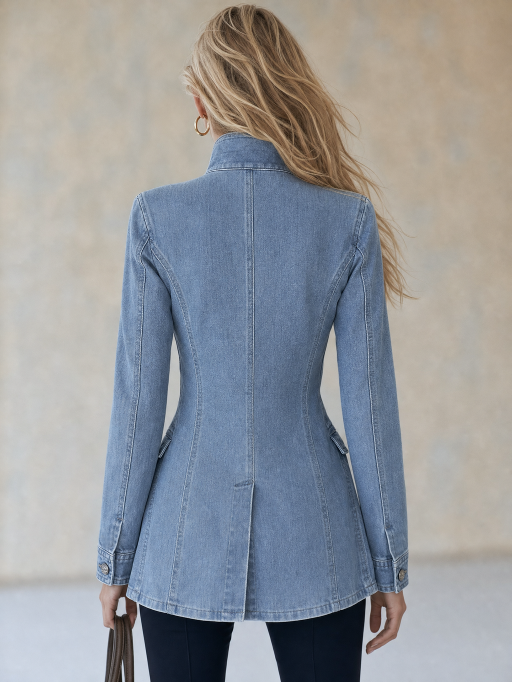 Lucía | Abrigo vaquero azul de estilo militar con doble botonadura