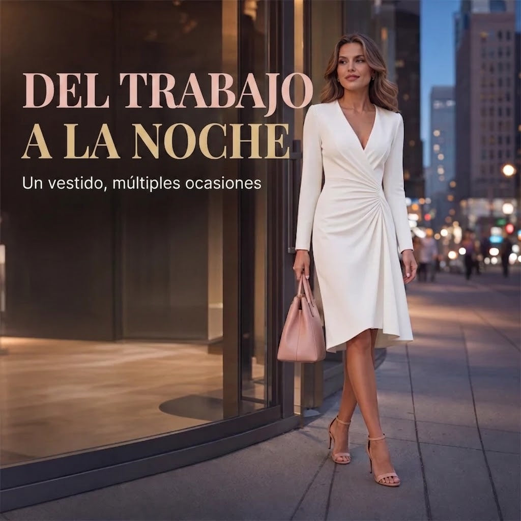 Lara | Vestido midi cruzado para mujer con escote en V, mangas largas y cintura fruncida.