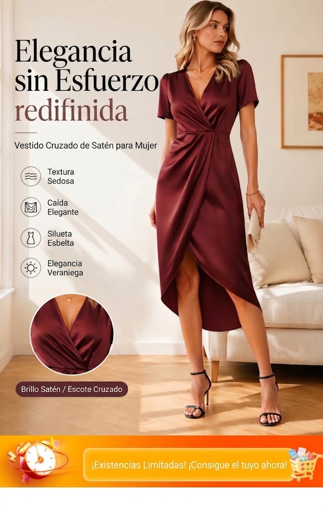 Herminia | Vestido cruzado asimétrico para mujer, con mangas cortas y escote en V.