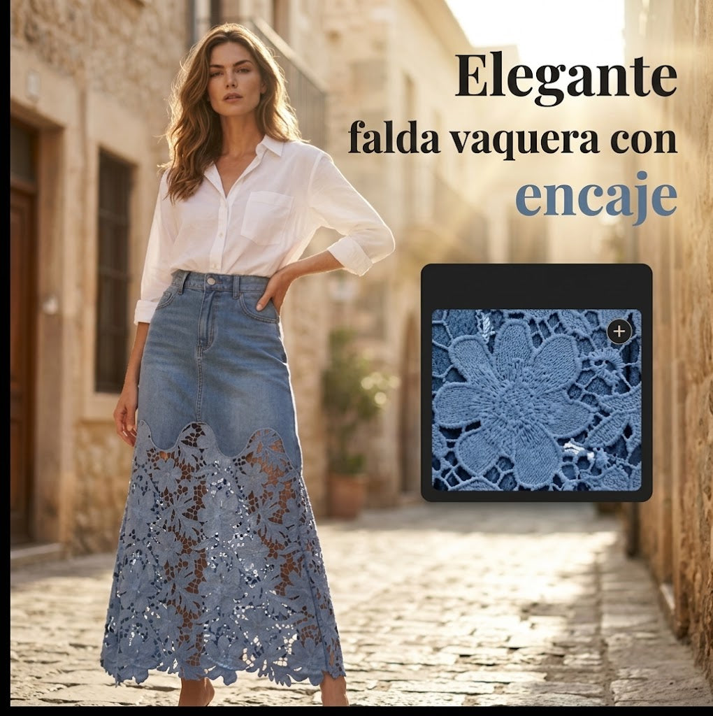 Amanda | Falda vaquera ajustada con ribete de encaje calado para mujer