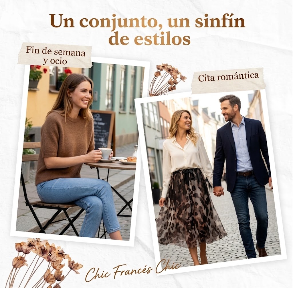 Montse | Conjunto de dos piezas para mujer compuesto por un jersey y una falda fluida con estampado de leopardo.