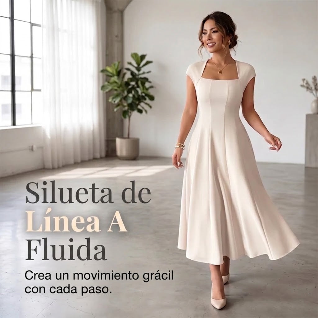Almudena | Elegante vestido de línea A para mujer, con escote cuadrado, corte entallado y largo.