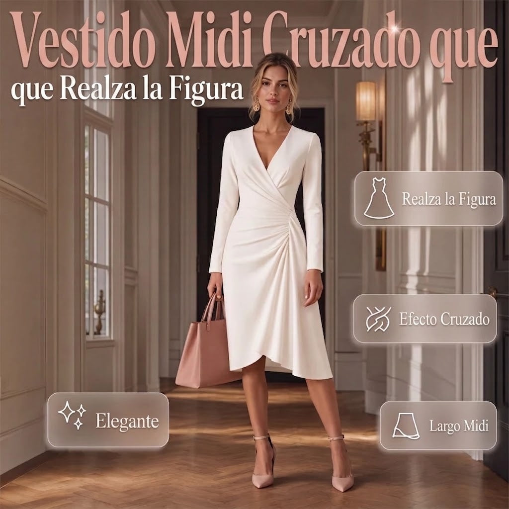 Lara | Vestido midi cruzado para mujer con escote en V, mangas largas y cintura fruncida.