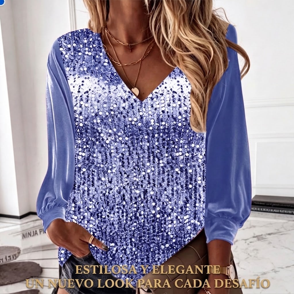 Lourdes | Elegante top de lentejuelas con escote en V para mujer.