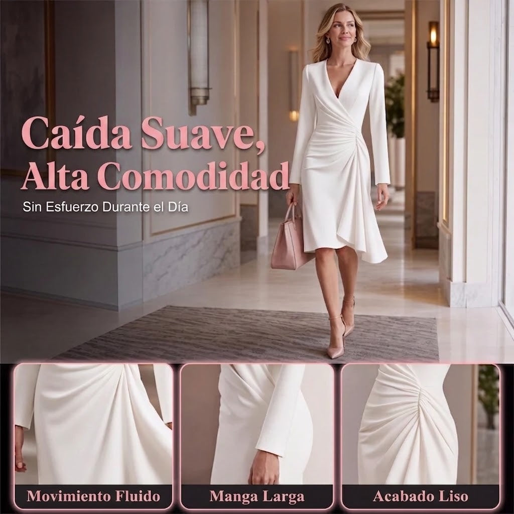Lara | Vestido midi cruzado para mujer con escote en V, mangas largas y cintura fruncida.