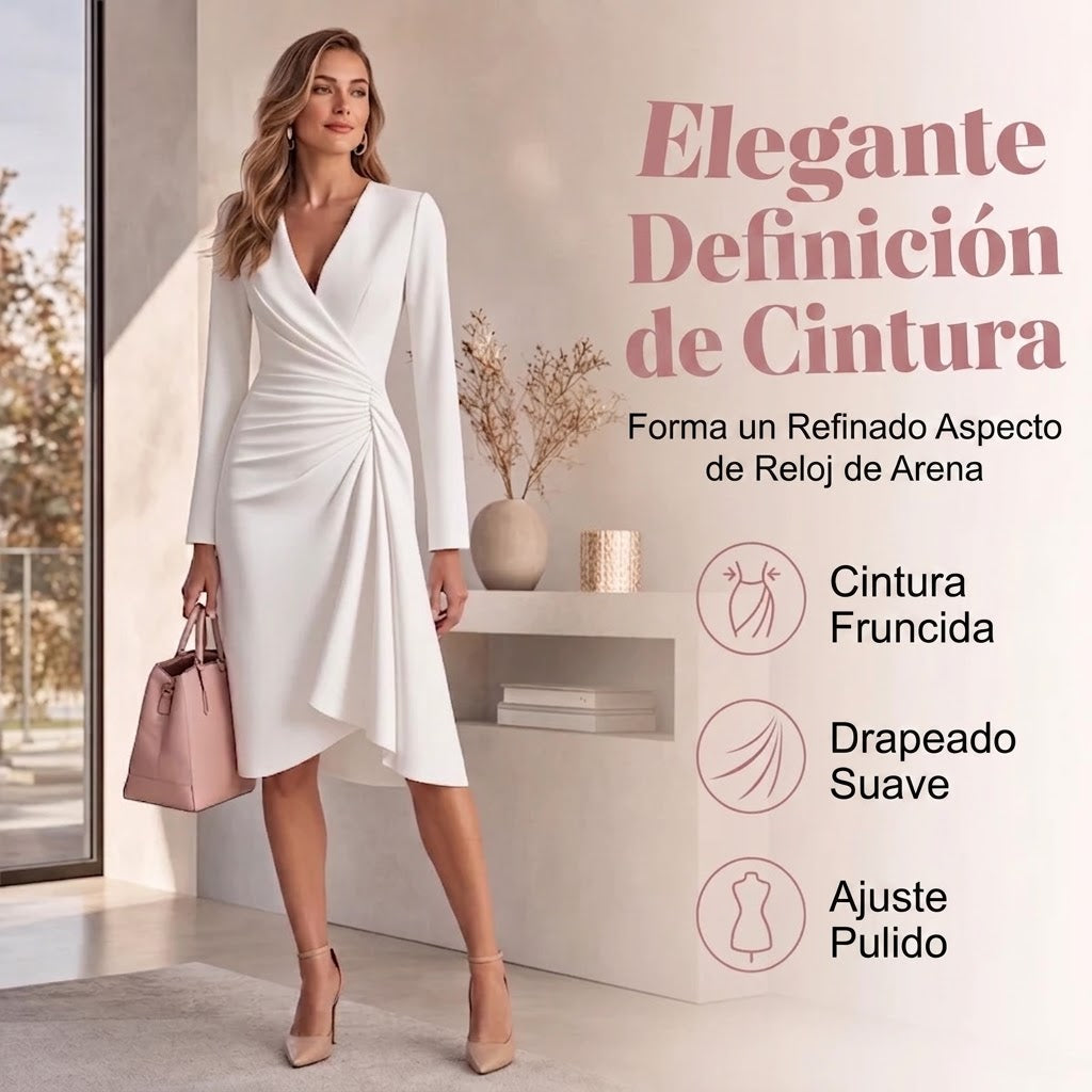 Lara | Vestido midi cruzado para mujer con escote en V, mangas largas y cintura fruncida.
