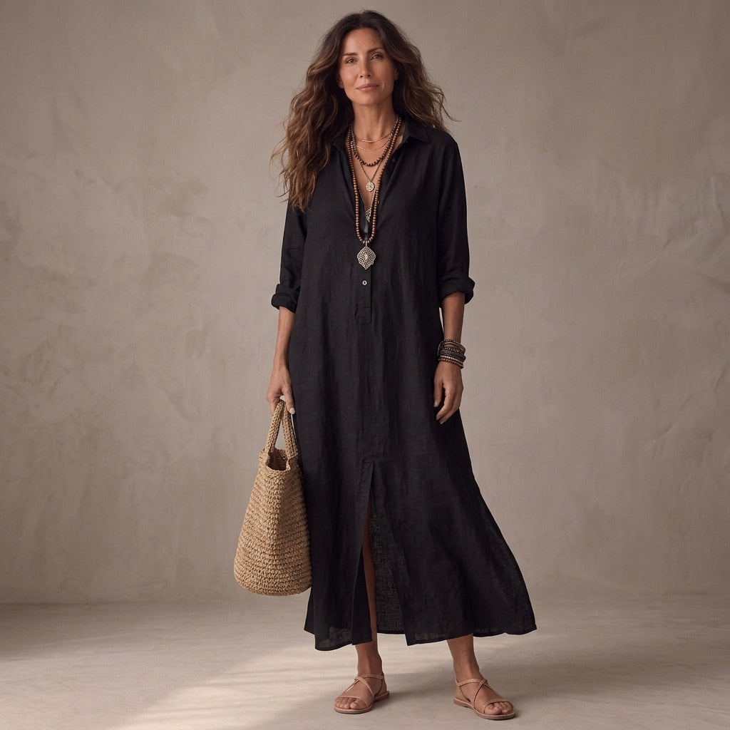 SOFIA | VESTIDO LARGO NEGRO HOLGADO CON BOTONES