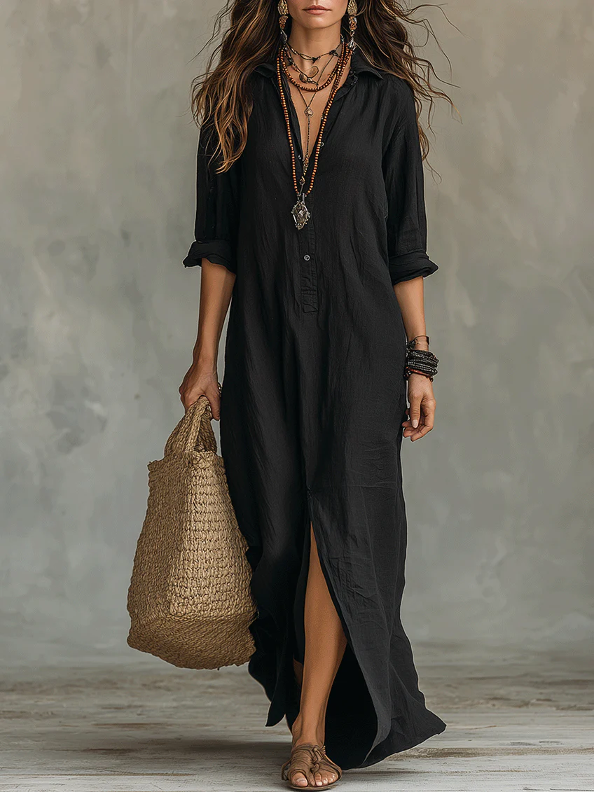 SOFIA | VESTIDO LARGO NEGRO HOLGADO CON BOTONES
