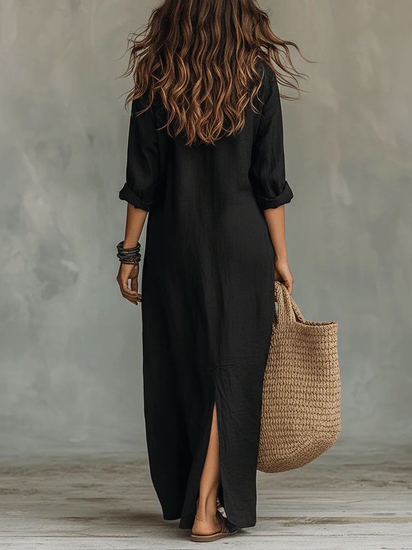 SOFIA | VESTIDO LARGO NEGRO HOLGADO CON BOTONES