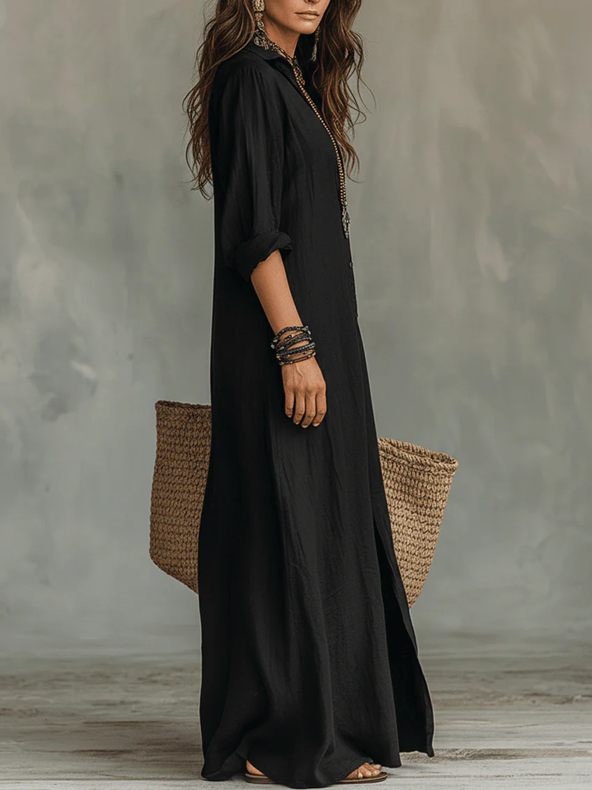 SOFIA | VESTIDO LARGO NEGRO HOLGADO CON BOTONES