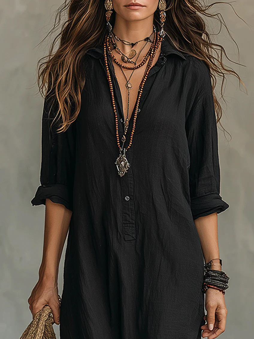 SOFIA | VESTIDO LARGO NEGRO HOLGADO CON BOTONES