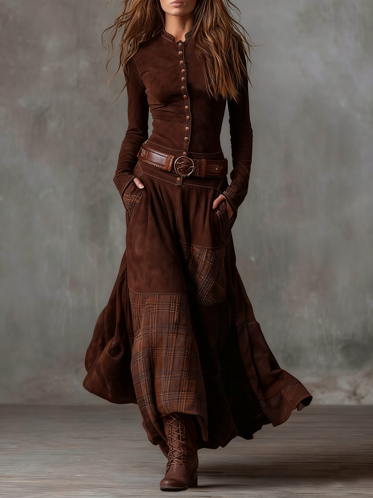 Jimena | Vestido largo efecto ante con cinturón