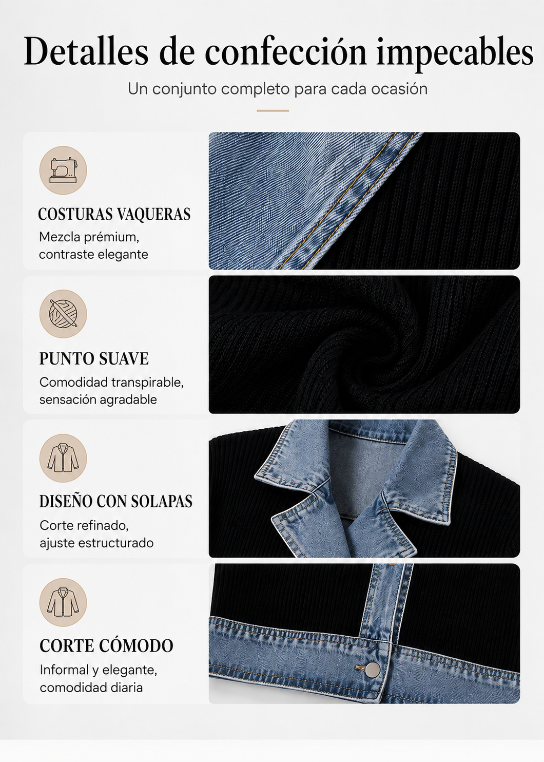 Abrigo de punto y denim para mujer — detalles de confección