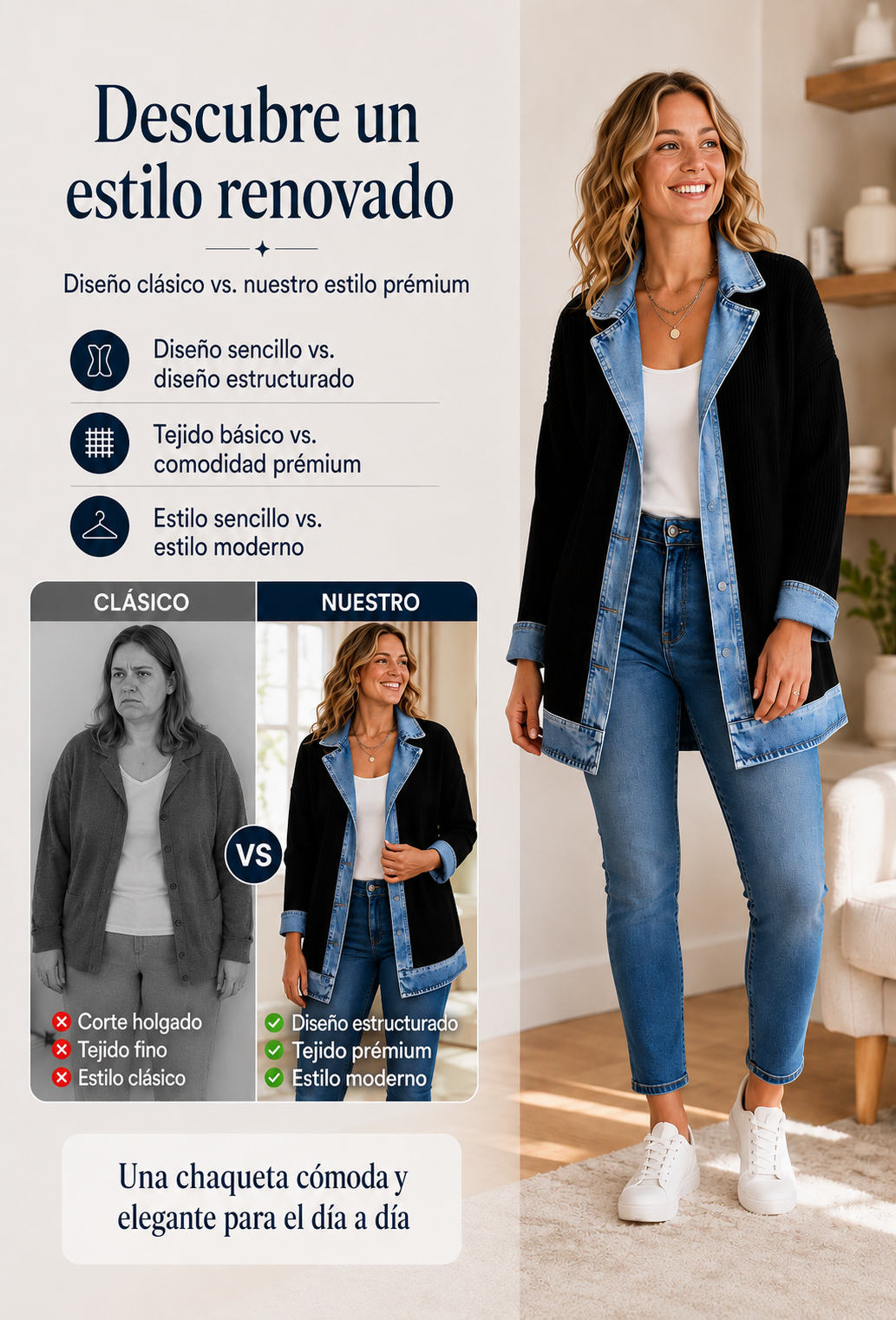 Abrigo de punto y denim para mujer — diseño y comodidad
