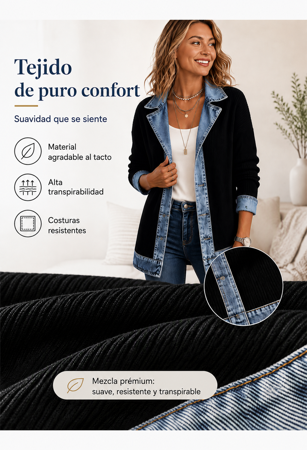 Abrigo de punto y denim para mujer — tejido