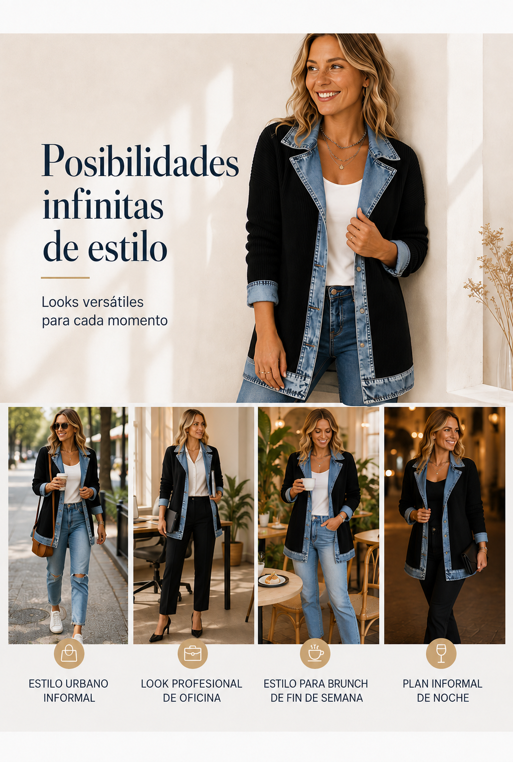 Abrigo de punto y denim para mujer — ideas de estilo
