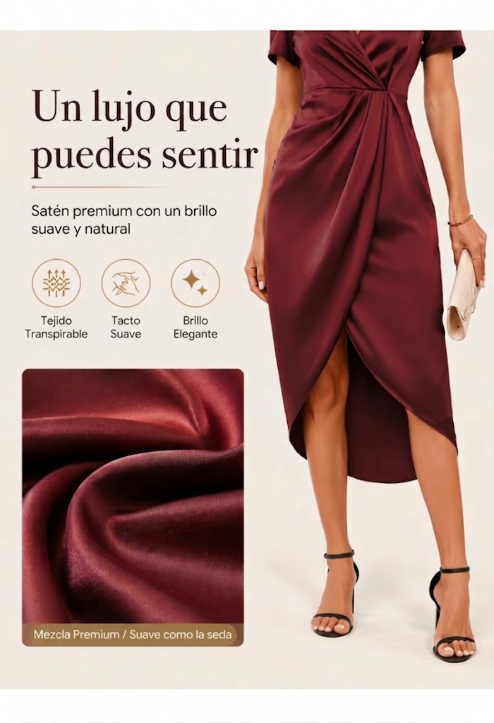 Herminia | Vestido cruzado asimétrico para mujer, con mangas cortas y escote en V.