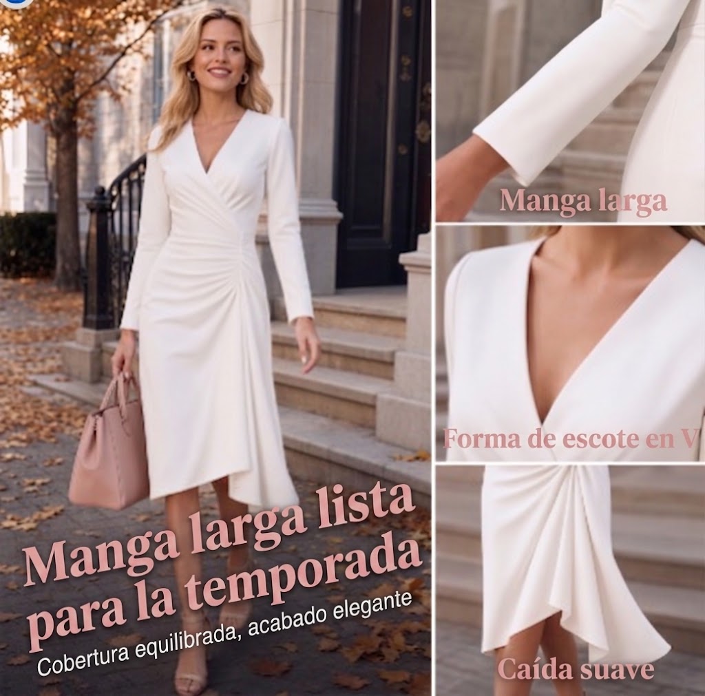 Lara | Vestido midi cruzado para mujer con escote en V, mangas largas y cintura fruncida.