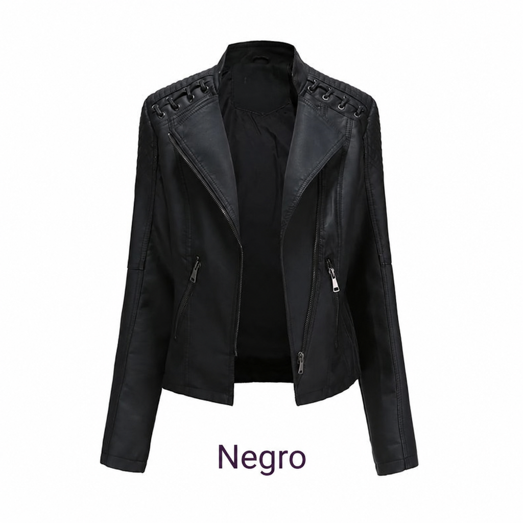 Chaqueta de cuero sintético para mujer, color negro