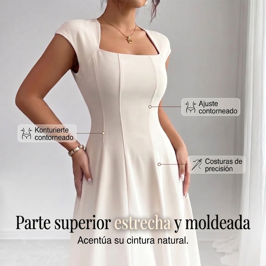 Almudena | Elegante vestido de línea A para mujer, con escote cuadrado, corte entallado y largo.