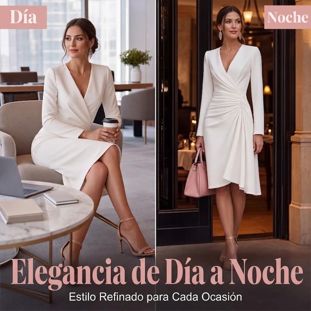 Lara | Vestido midi cruzado para mujer con escote en V, mangas largas y cintura fruncida.