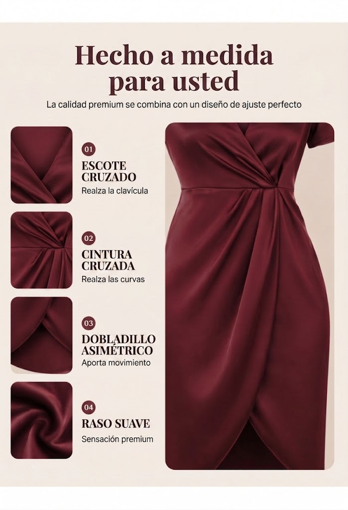 Herminia | Vestido cruzado asimétrico para mujer, con mangas cortas y escote en V.