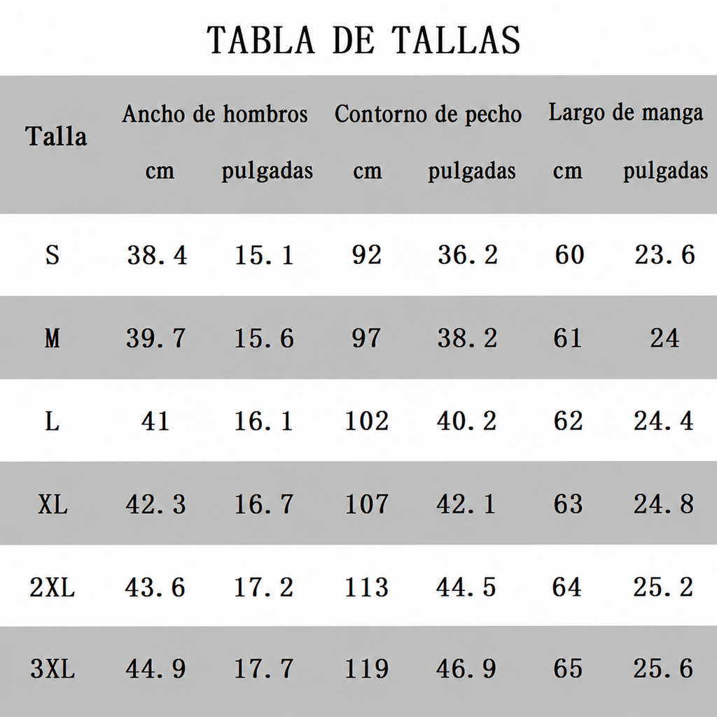 Tabla de tallas de la chaqueta, en español