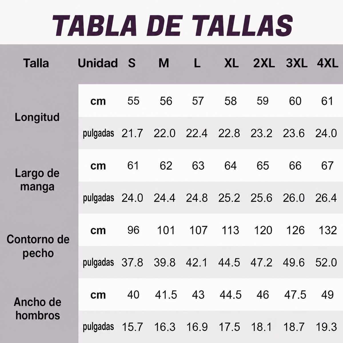 Tabla de tallas en español