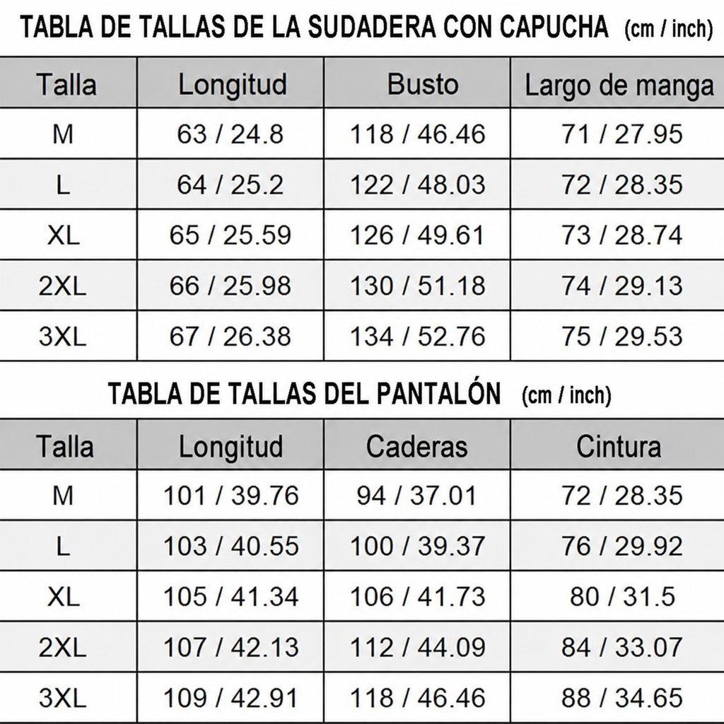 Tabla de tallas de la sudadera y el pantalón