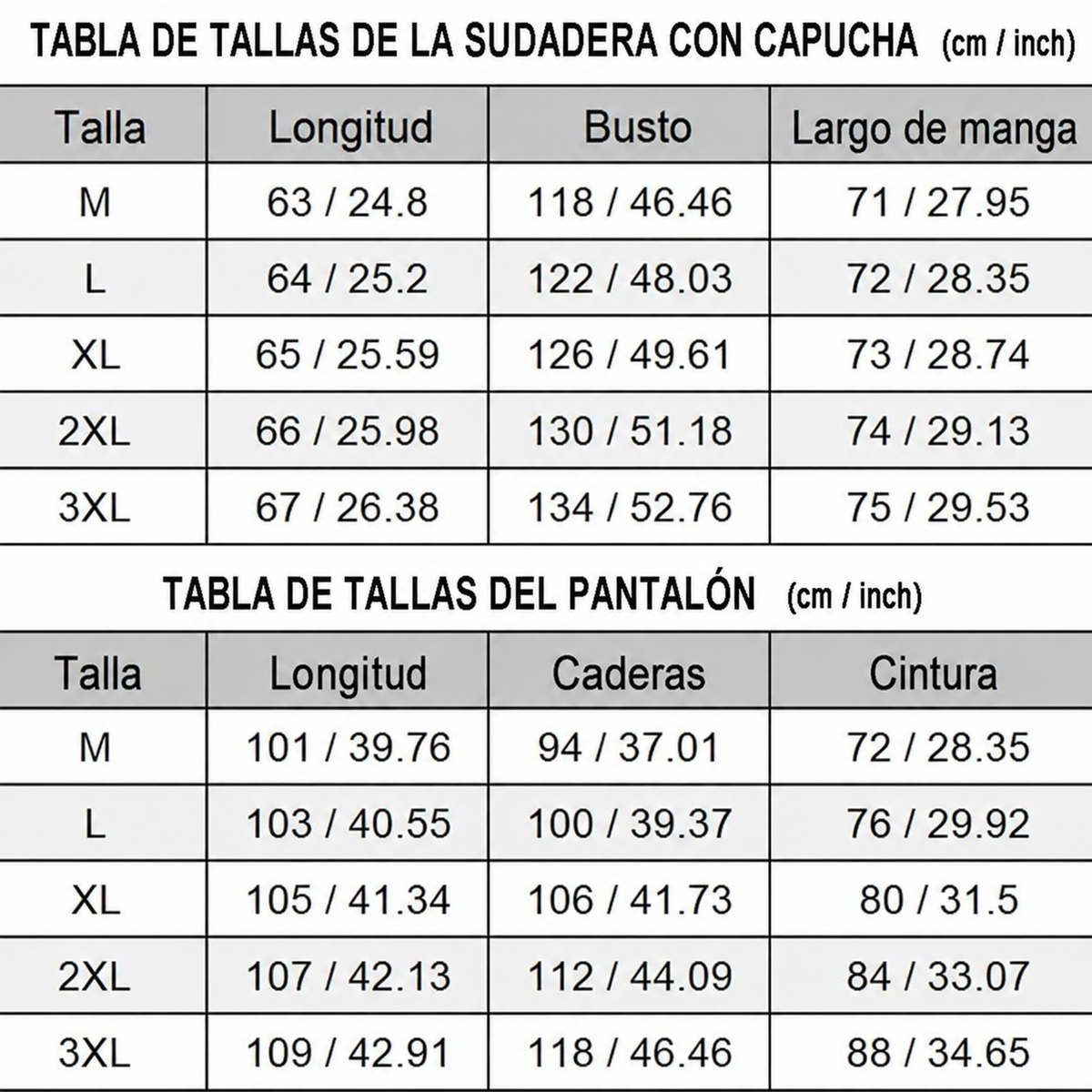 Tabla de tallas de la sudadera y el pantalón