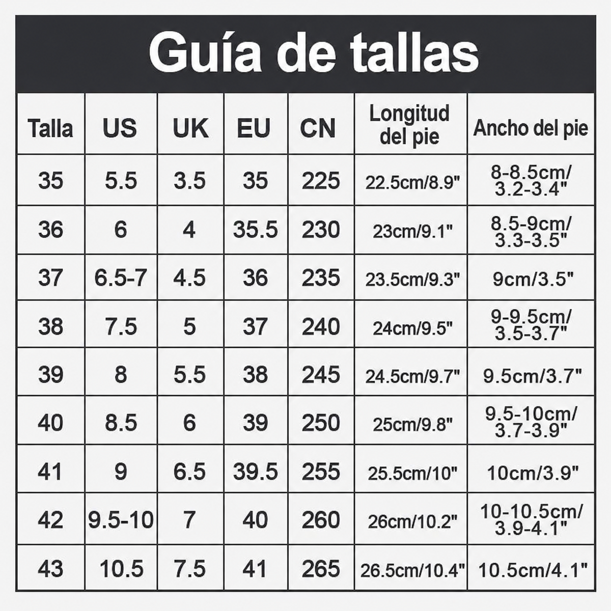 Guía de tallas de botas