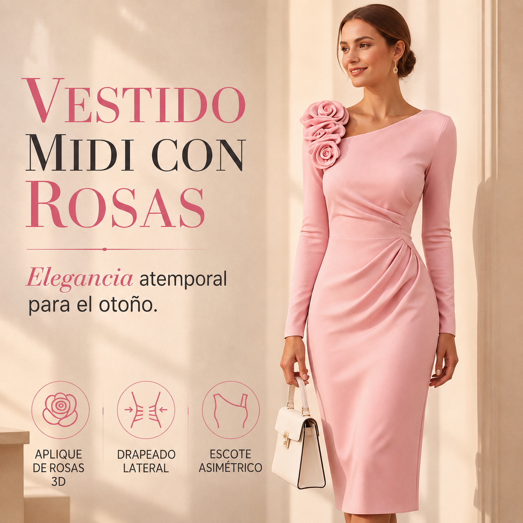 Vestido midi con aplique de rosas 3D