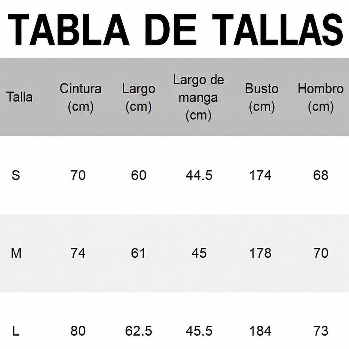 Tabla de tallas de la chaqueta