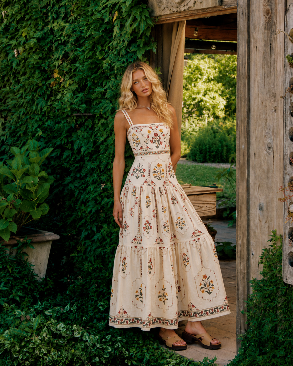 Vestido floral Grazia de lino y algodón, vista lateral