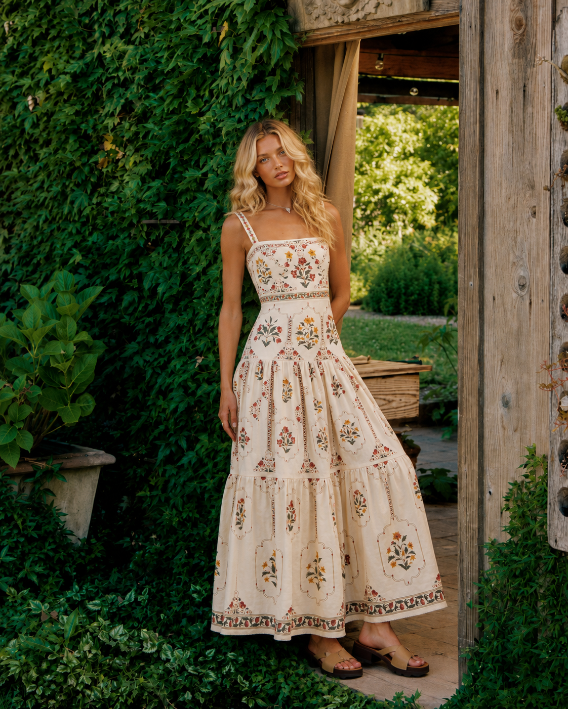Vestido floral Grazia de lino y algodón, vista lateral