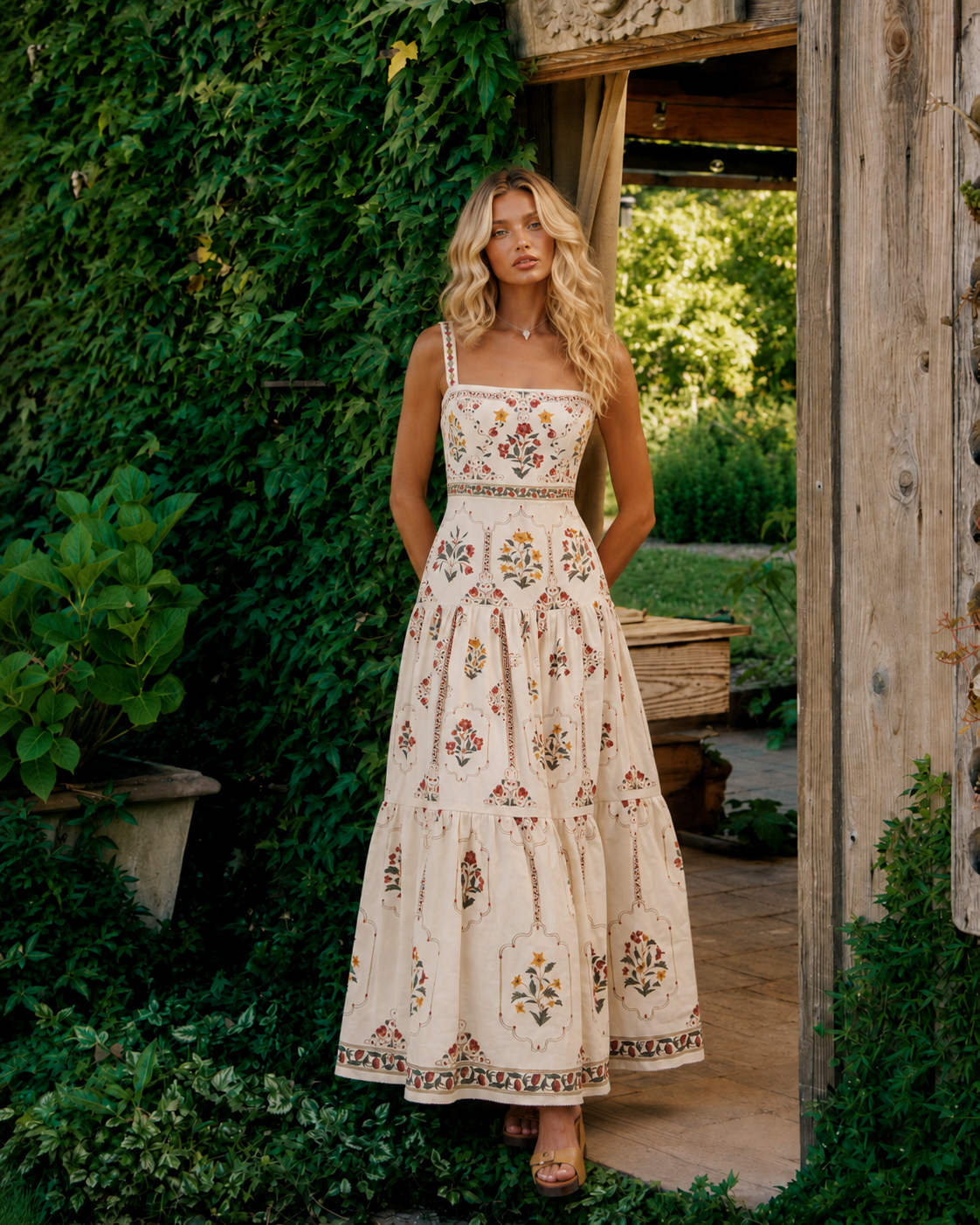 Vestido floral Grazia de lino y algodón, look completo