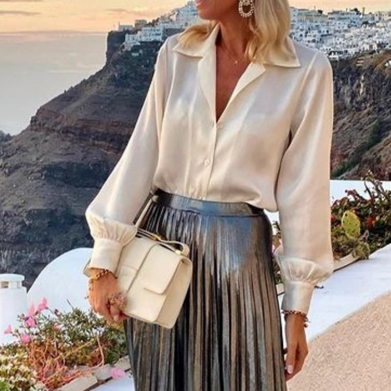 Melania | Conjunto de dos piezas: camisa blanca y falda metálica para mujer