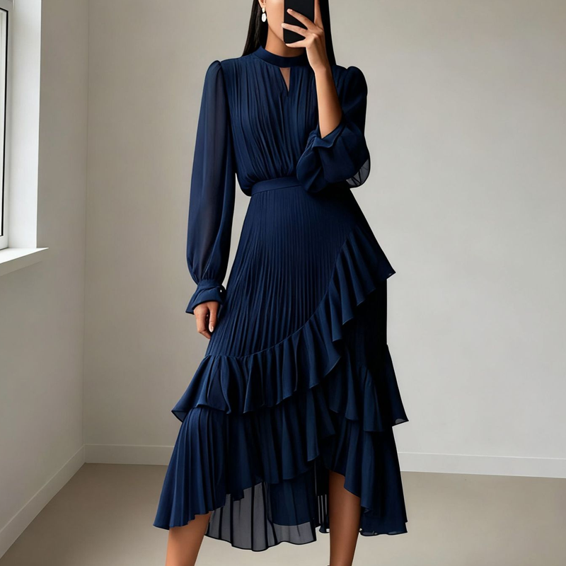 Nadine | Vestido midi plisado para mujer con volantes y escote de lágrima con mangas transparentes