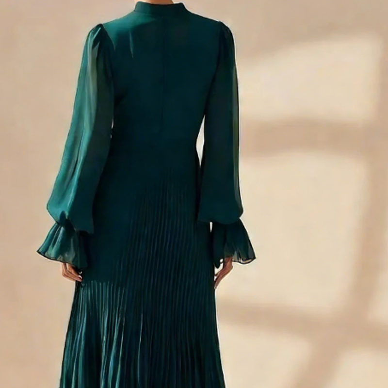 Nadine | Vestido midi plisado para mujer con volantes y escote de lágrima con mangas transparentes