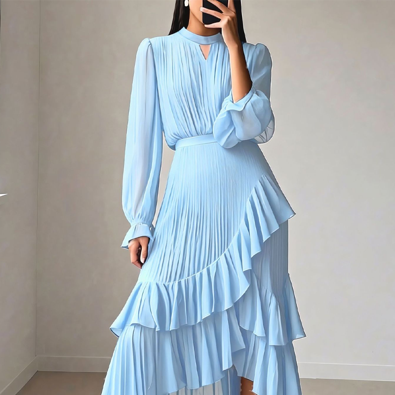Nadine | Vestido midi plisado para mujer con volantes y escote de lágrima con mangas transparentes