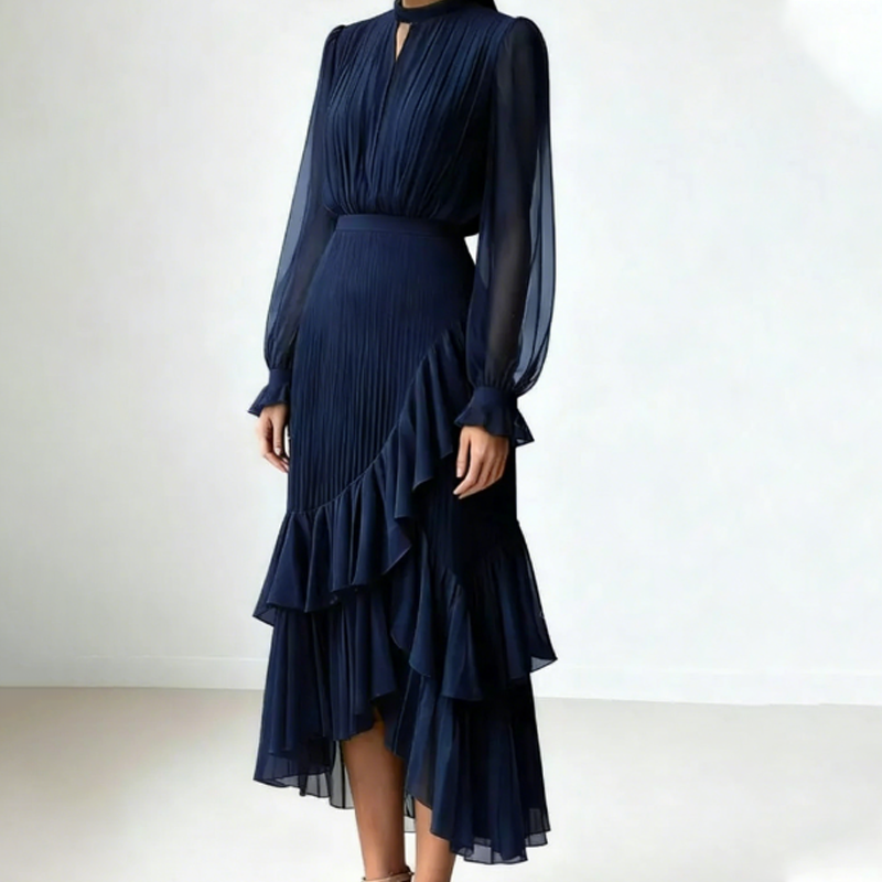 Nadine | Vestido midi plisado para mujer con volantes y escote de lágrima con mangas transparentes