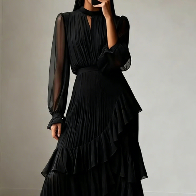Nadine | Vestido midi plisado para mujer con volantes y escote de lágrima con mangas transparentes
