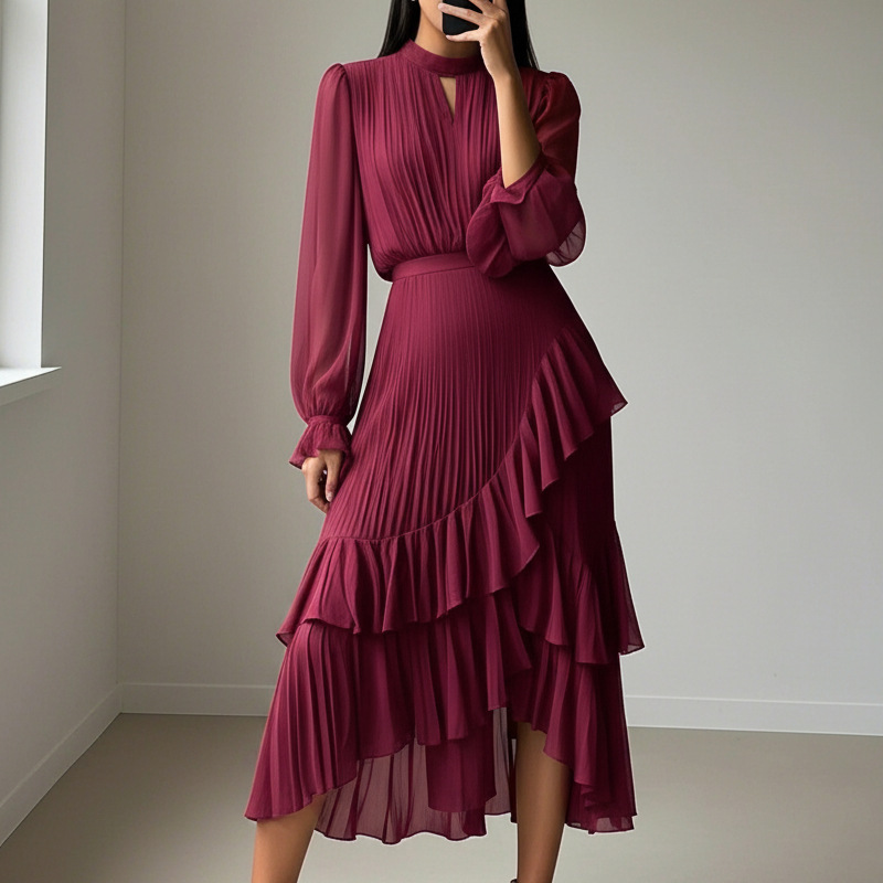 Nadine | Vestido midi plisado para mujer con volantes y escote de lágrima con mangas transparentes