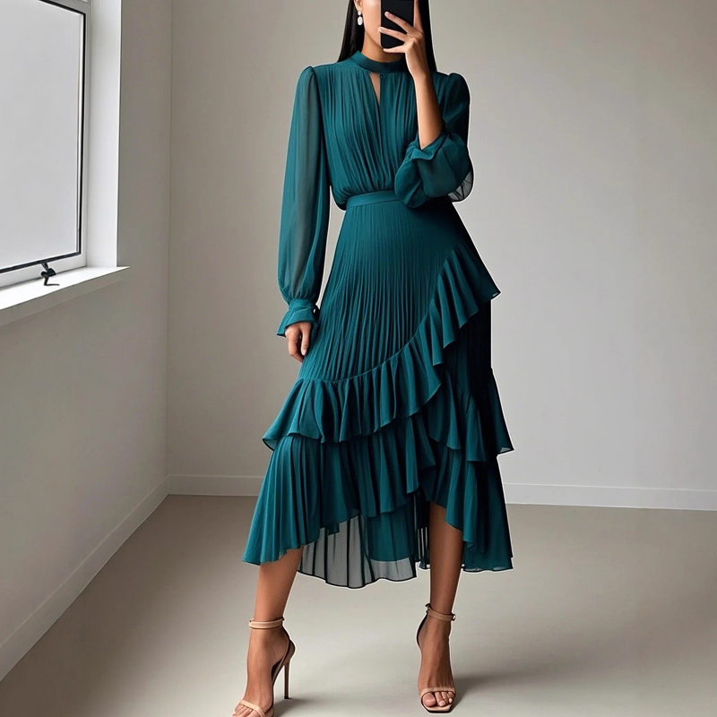 Nadine | Vestido midi plisado para mujer con volantes y escote de lágrima con mangas transparentes