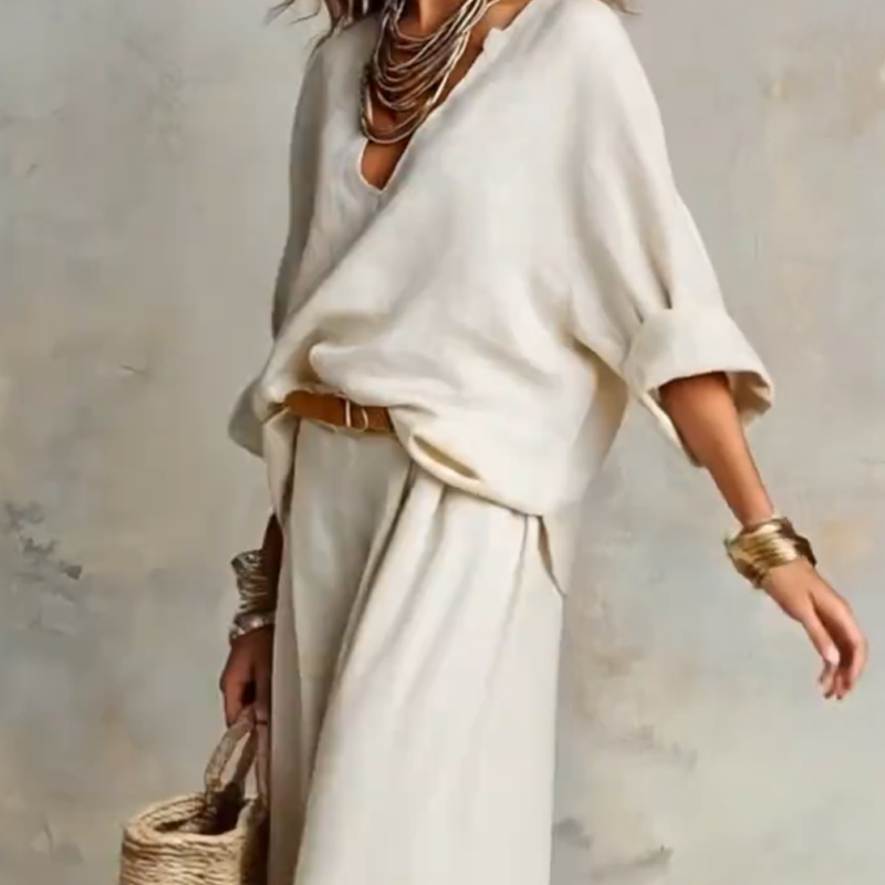 Consuelo | Conjunto de 2 piezas para mujer: top con cuello en V y pantalón de pierna ancha.