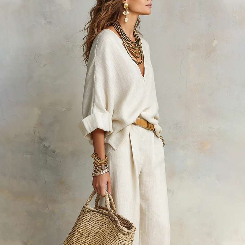Consuelo | Conjunto de 2 piezas para mujer: top con cuello en V y pantalón de pierna ancha.